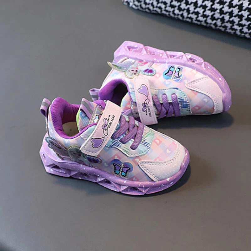 Pink and purple leather sneakers for girls featuring Elsa from Disney Frozen with LED lights, perfect for kids' casual wear.