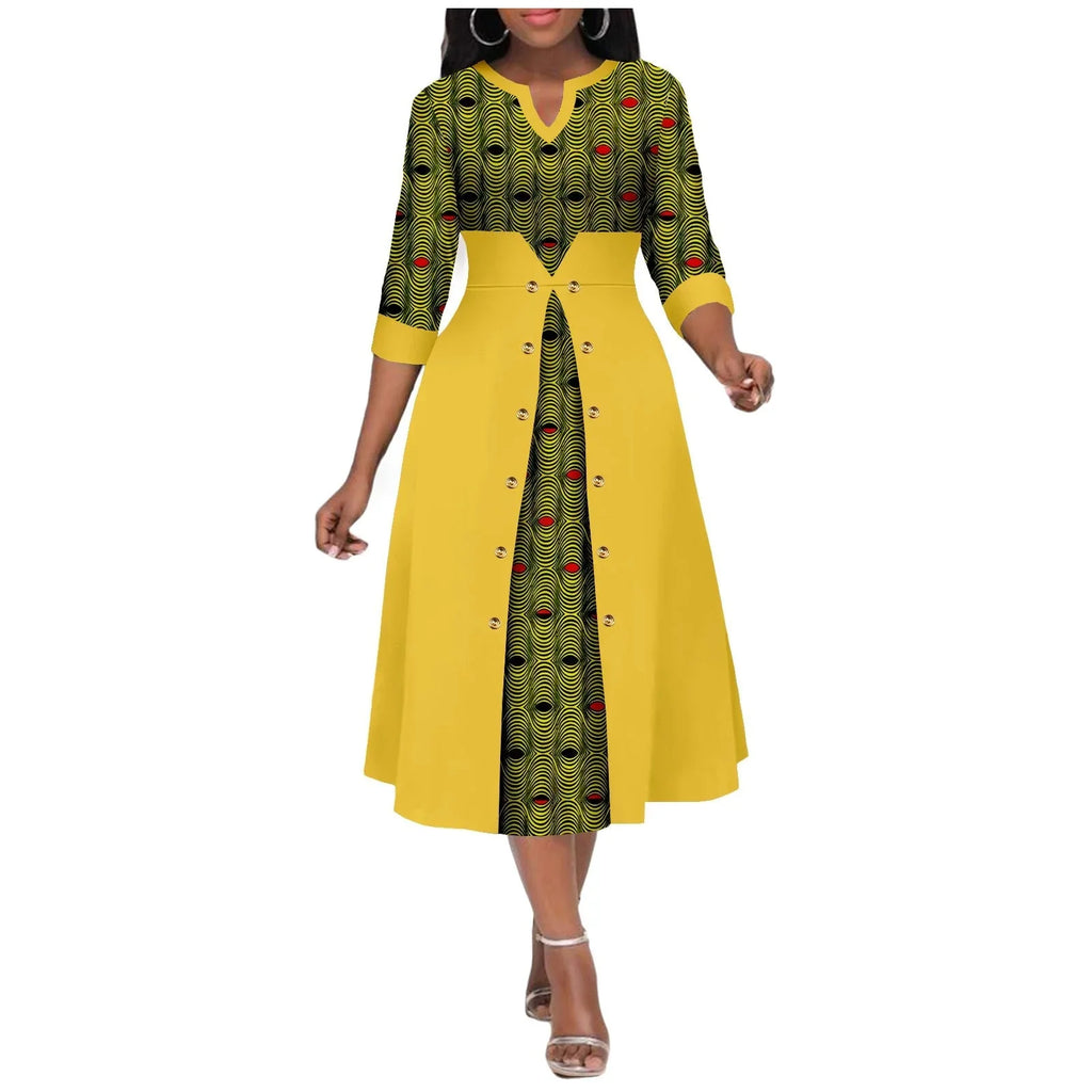 Women's Ankara print V-neck dress by SHOWLU FASHION STORE featuring a cotton A-line midi skirt with vibrant traditional patterns.