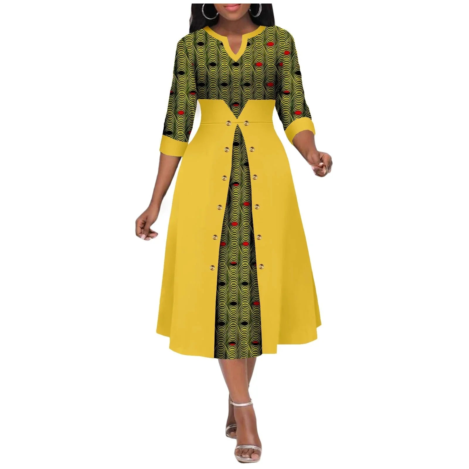 Women's Ankara print V-neck dress by SHOWLU FASHION STORE featuring a cotton A-line midi skirt with vibrant traditional patterns.