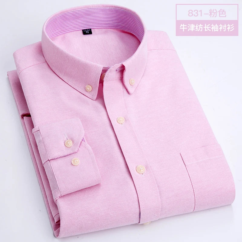 Showlu men's slim fit oxford shirt with long sleeves, non-iron casual top, in light blue with button-down collar, displayed flat.