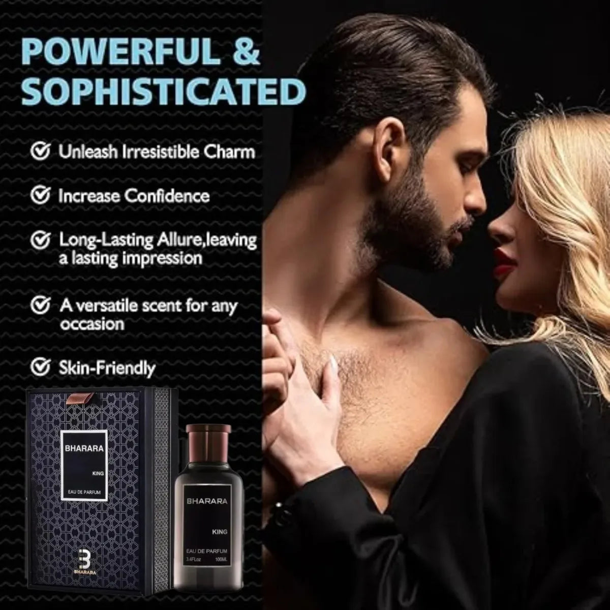Bharara King Eau De Parfum for Men in 100ml bottle featuring citrus and amber fragrance with sleek packaging.