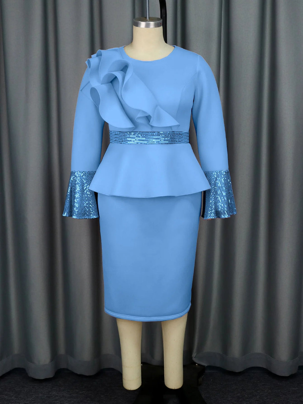 Church Dresses for Women Elegant Ruffles Long Flare Sleeves Sequined Party Bodycon Peplum Classy Occasion African Wedding Guest SHOWLU FASHION STORE