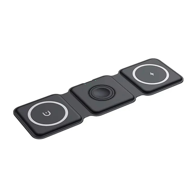 Showlu Smart General 3-in-1 wireless charging station with space for phone, earbuds, and smartwatch, sleek black design.