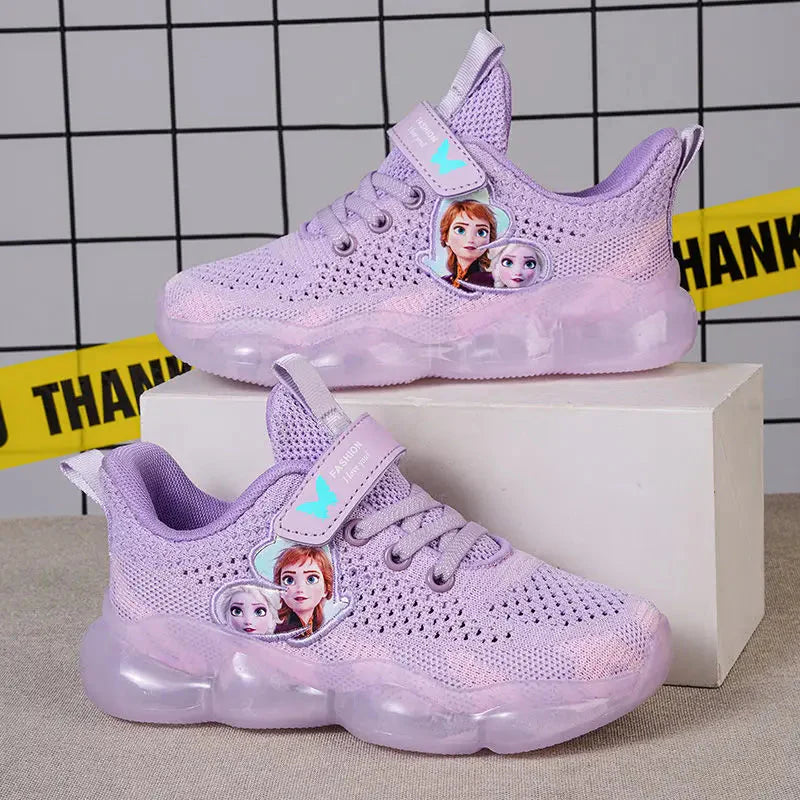 Pink Disney Frozen Elsa girls' mesh running shoes with breathable design and fun Elsa graphics for kids.