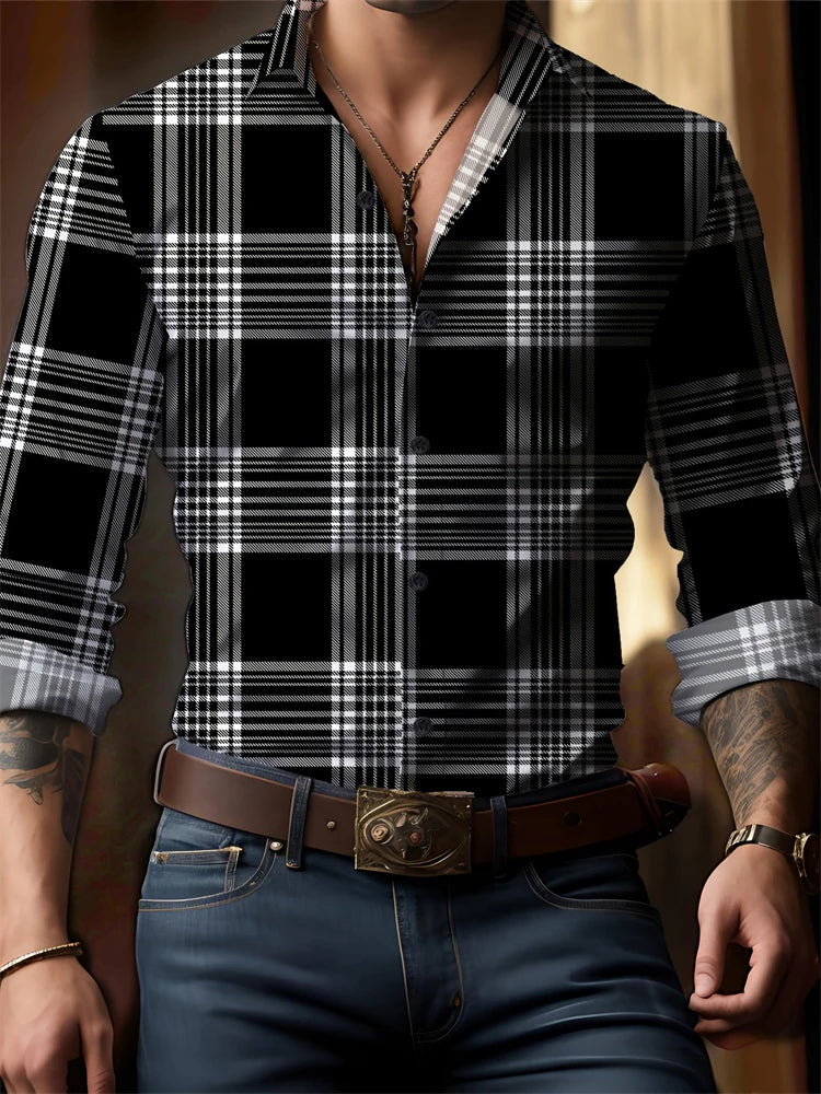 Men's check print button-down shirt by Showlu Fashion with long sleeves, flip lapel, oversized fit, perfect for spring and autumn outdoors.