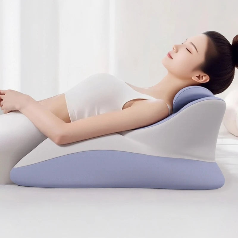 Showlu Memory Foam Bed Wedge Pillow for acid reflux and back pain relief, shown in a cozy bedroom setting.