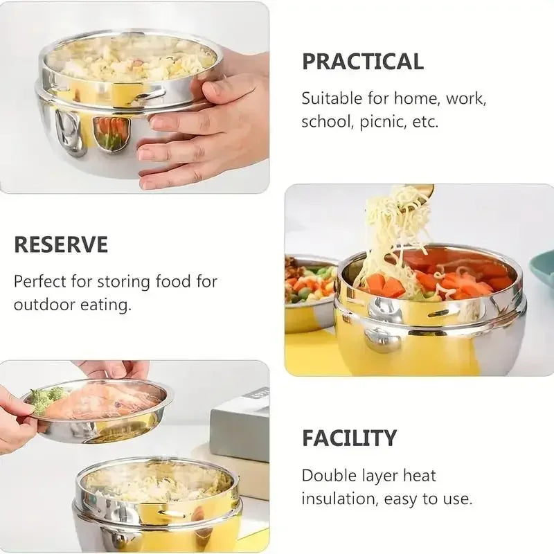 Stainless steel hot food flask with double-layer vacuum insulation, portable bento lunch box for hot meals on the go.