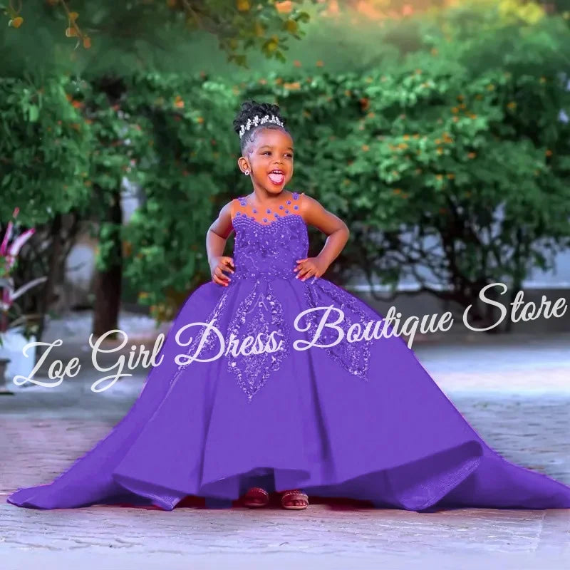 Fuchsia flower girl dress by SHOWLU FASHION STORE featuring beaded lace satin fabric, perfect for birthdays and special occasions.