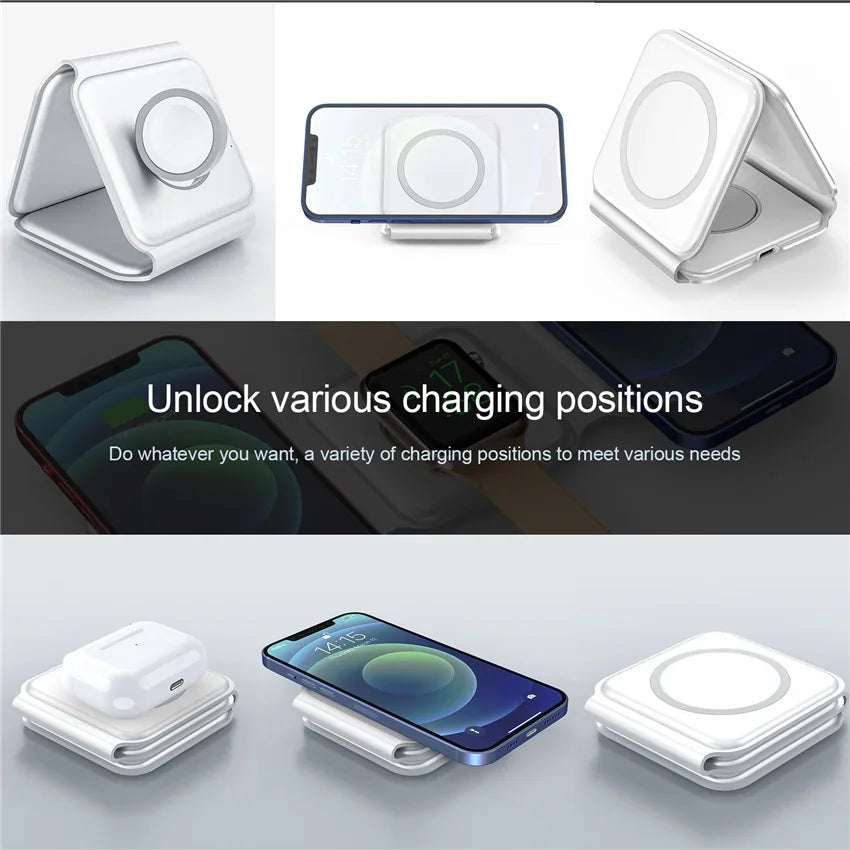 Showlu Smart General 3-in-1 wireless charging station with space for phone, smartwatch, and earbuds, black plastic finish