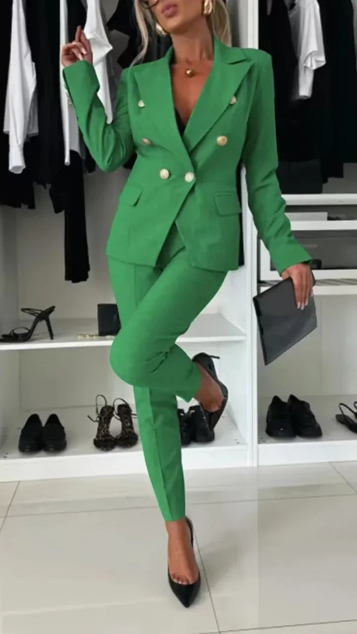 Women Office Smart Clothes Set 2pcs Blazer Double Breasted Button Solid Color Jacket & High Waist Slim Pencil Pants SHOWLU FASHION STORE