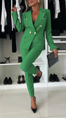 Women Office Smart Clothes Set 2pcs Blazer Double Breasted Button Solid Color Jacket & High Waist Slim Pencil Pants SHOWLU FASHION STORE