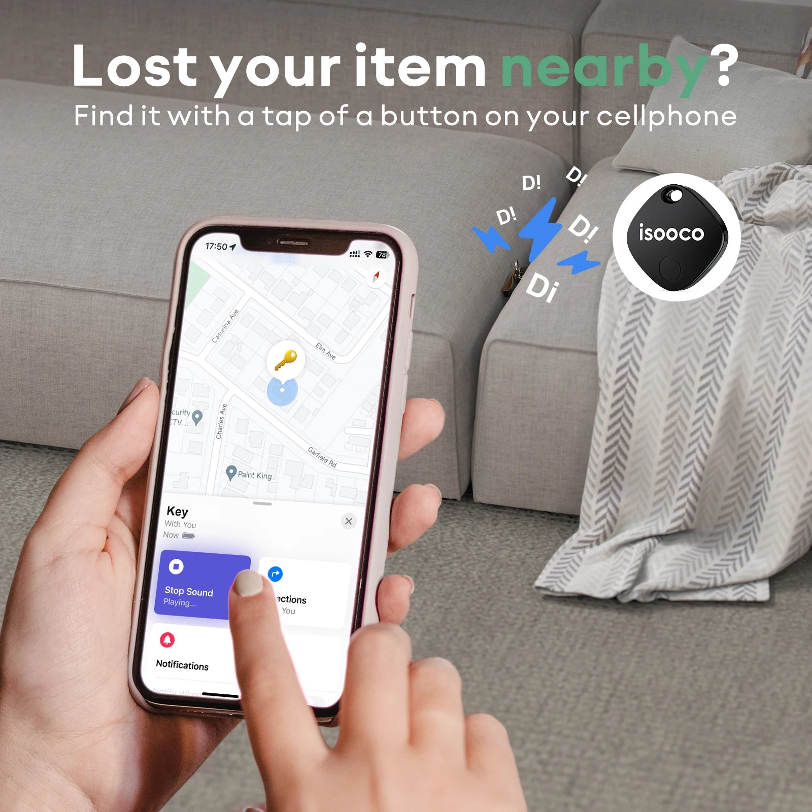 Showlu Smart General isooco Bluetooth key finder tracker with IP67 waterproof design and iOS compatibility, shown with keys and phone.