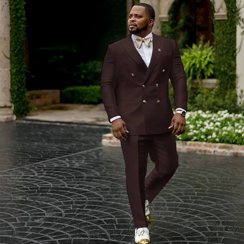 Showlu men's white satin tuxedo jacket and trousers, double-breasted wedding suit, elegant formal attire, front view.