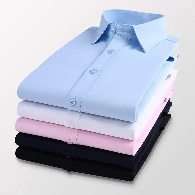 Men's long-sleeved business casual shirts in black, white, blue, and pink with lapel collars and button details, by Showlu Fashion.
