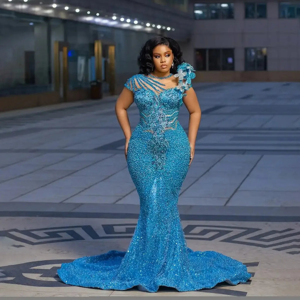 Showlu Fashion African Aso Ebi prom dress with appliques, lace, sequins, and glitter, plus size evening gown with long sleeves.