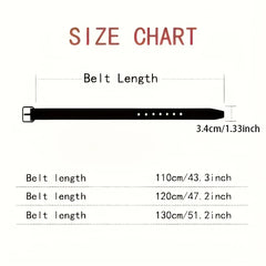 A size chart for a men's belt showing a width of 3.4 centimeters and lengths of 110, 120, 130 cm.