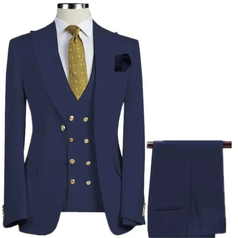 Men's slim fit wool blend suit by SHOWLU FASHION STORE, featuring a three-piece business tuxedo with jacket, vest, and trousers.