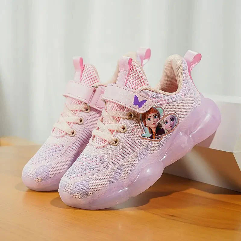 Pink Disney Frozen Elsa girls' mesh running shoes with breathable design and Frozen-themed details, perfect for active wear.