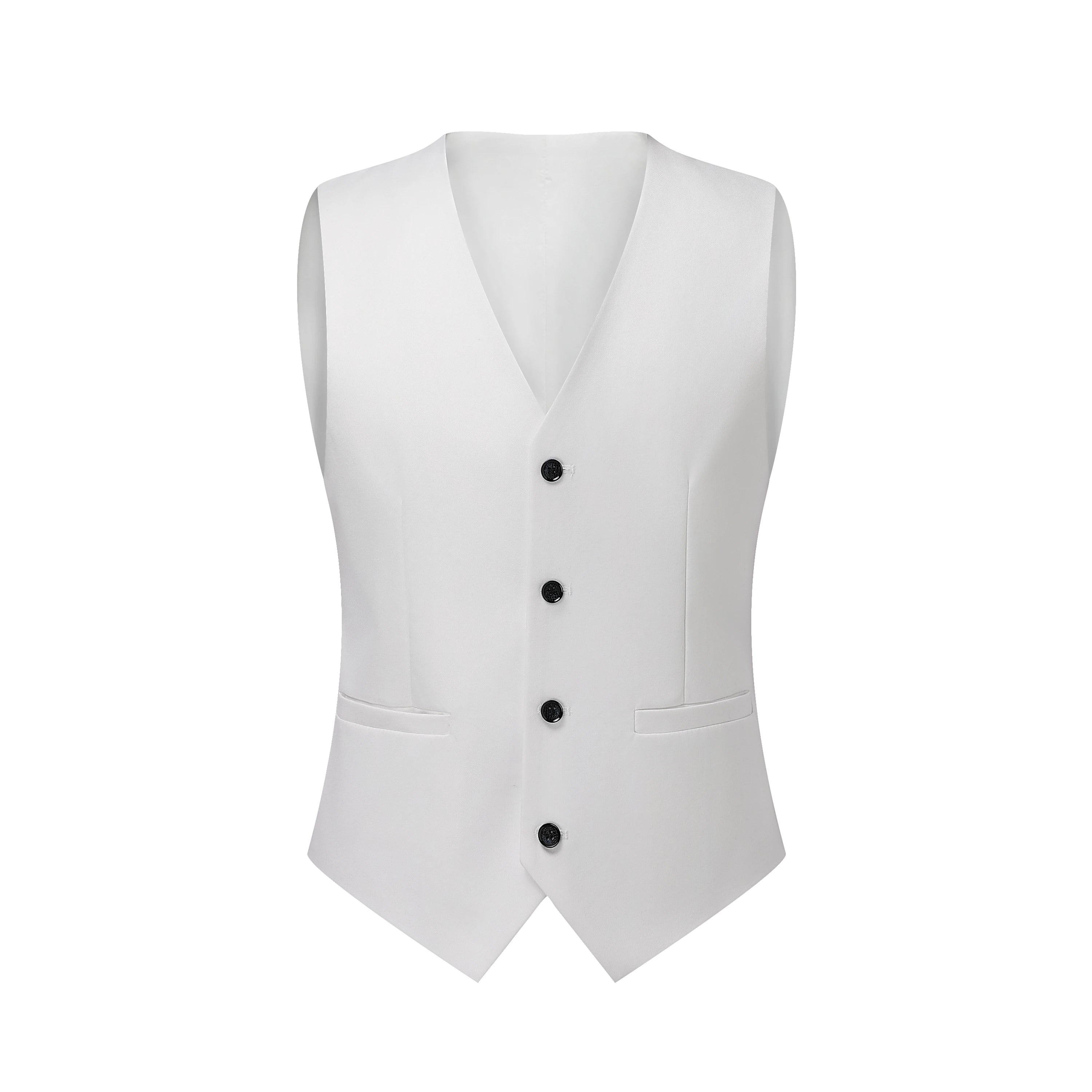 Showlu Fashion Men's 3-piece white slim fit suit with anti-wrinkle fabric, formal business attire, includes jacket, vest, and trousers.