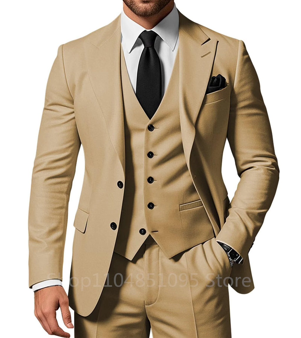 Solid wedding men's suit set including tuxedo jacket, pants, and vest with peak lapel, perfect for formal groom or prom occasions.