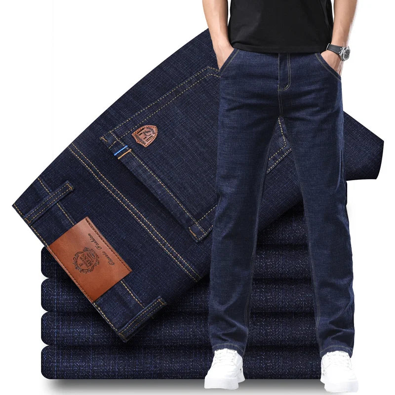 Men's 2024 fashion stretch loose straight denim jeans by Showlu Fashion Store, casual elastic slim fit trousers in large sizes 38-40.