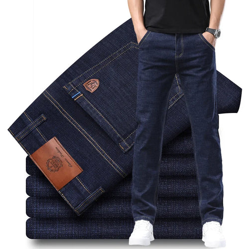 Men's 2024 fashion stretch loose straight denim jeans by Showlu Fashion Store, casual elastic slim fit trousers in large sizes 38-40.