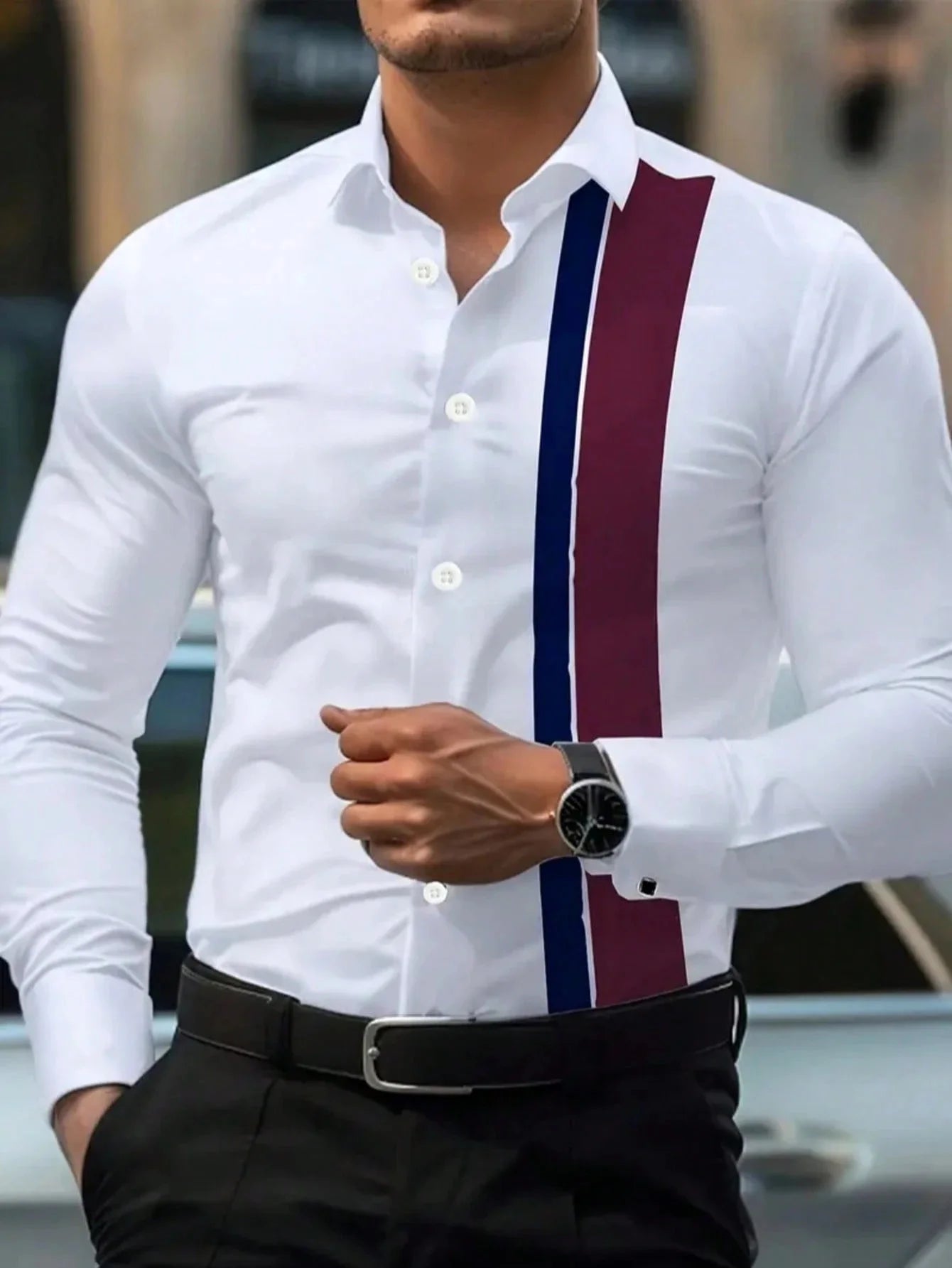 Men's patchwork striped printed shirt by Showlu Fashion, long sleeve business casual shirt with lapel and comfortable fit.