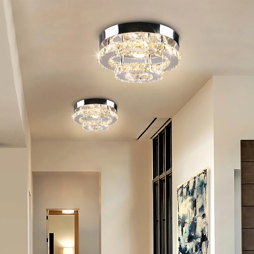 Cainjiazh Mini Chandelier LED Crystal Ceiling Light, 2-layer flush mount design with sparkling crystals and modern style.