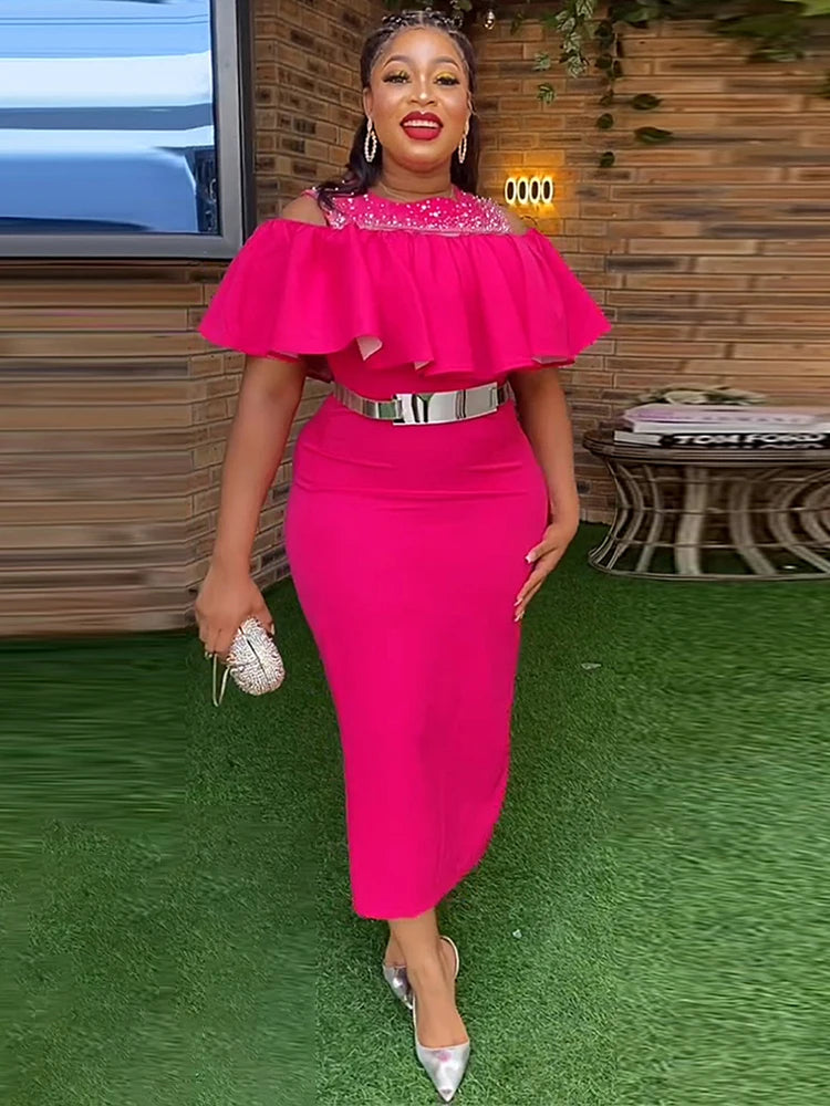 Elegant African-inspired spring party dress by Showlu Fashion with ruffle details, short sleeves, perfect for weddings and proms.