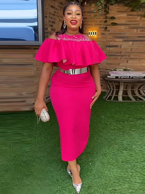 Elegant African-inspired spring party dress by Showlu Fashion with ruffle details, short sleeves, perfect for weddings and proms.