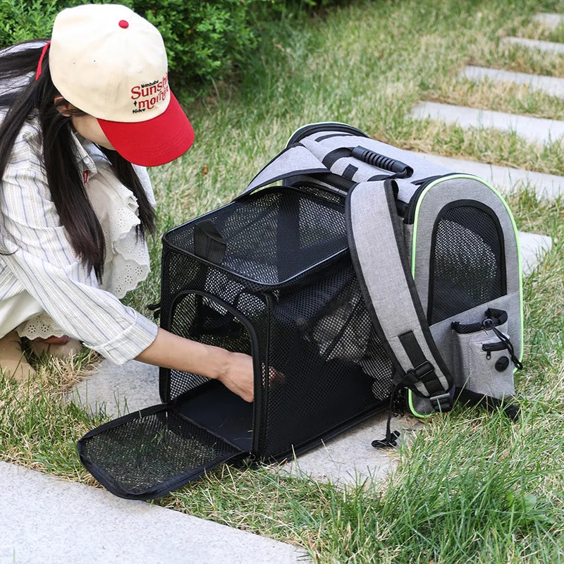Showlu Fashion Store JTPAWS expandable cat carrier backpack with breathable oxford mesh, designed for comfortable pet travel.