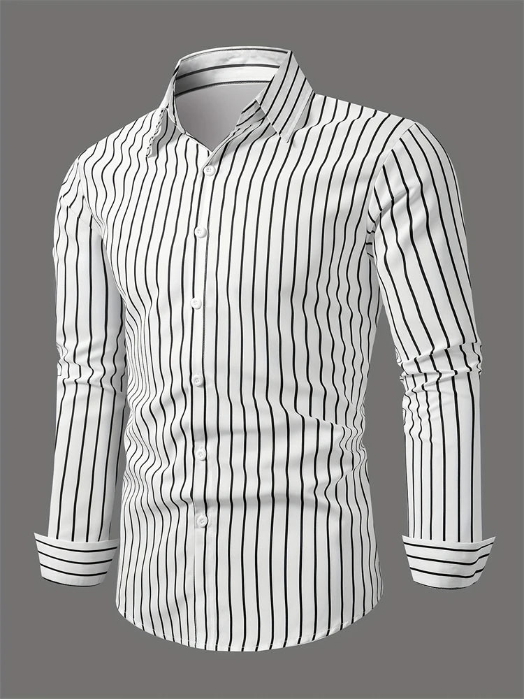 Mens long sleeve shirt with square stripe 3D print, button-down casual animal pattern, lapel collar, autumn fashion from Showlu Fashion