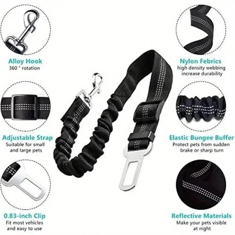 Showlu Smart General pet car seatbelt harness attached to a dog, ensuring secure travel safety for pets in vehicles.