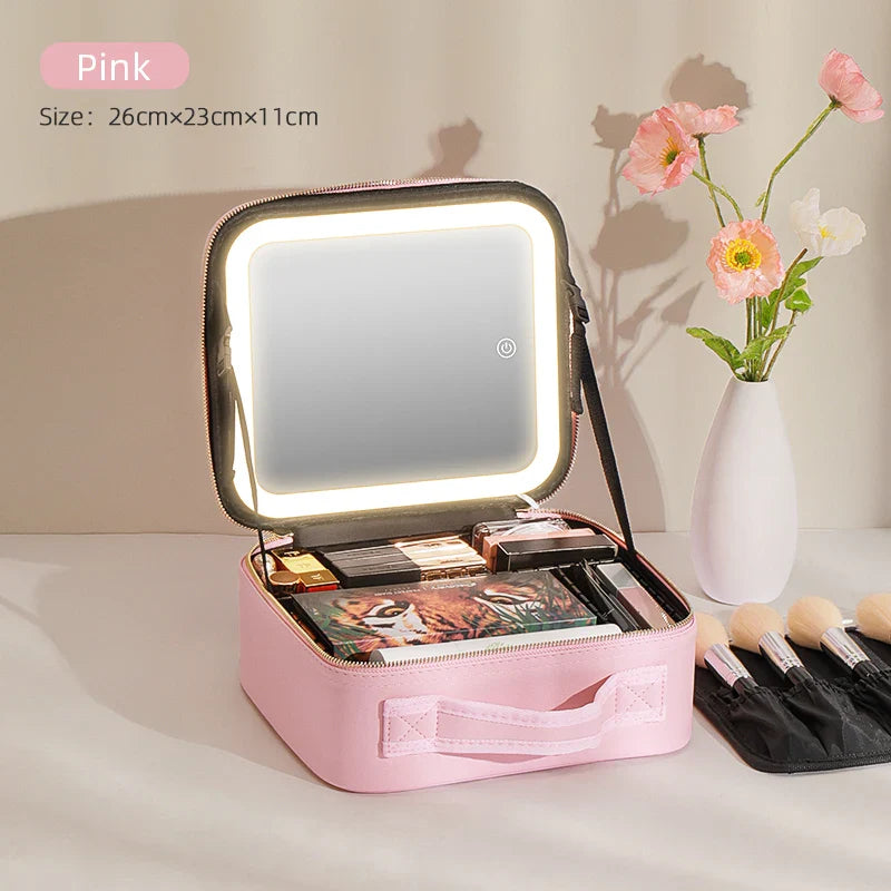 Showlu Makeup Travel Train Case with LED Mirror and PU leather exterior, compact cosmetic bag for organizing beauty essentials.