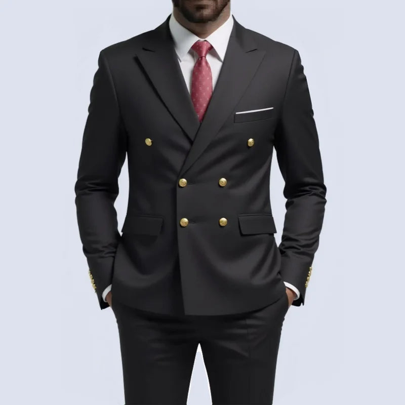 Black men's double-breasted slim fit suit with gold buttons, ideal for wedding, party, or prom, by Showlu Fashion.