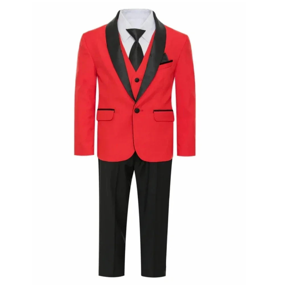 PsyMonster boys' white slim fit suit with jacket, vest, pants, and bowtie, displayed on a hanger against a white background.