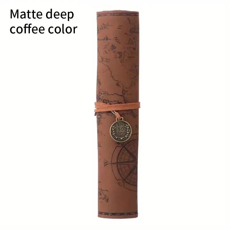 Large Showlu Retro Treasure Map Leather Roll Pencil Case with multiple compartments for stationery storage.