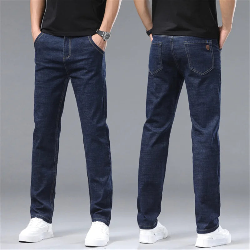 Men's 2024 fashion stretch loose straight jeans by Showlu Fashion Store, casual slim fit denim pants with elastic waist, size 38-40