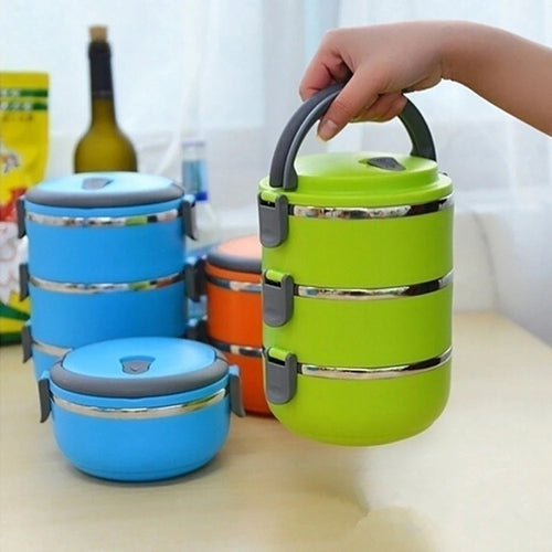 Stainless steel 3-layer stackable lunch box with handle, airtight, leakproof food storage container for portable meals.
