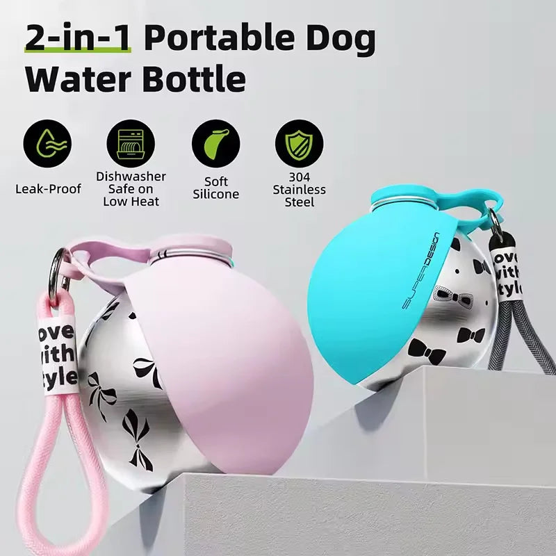 Showlu stainless steel dog water bottle with foldable silicone bowl for easy pet hydration during outdoor walks.