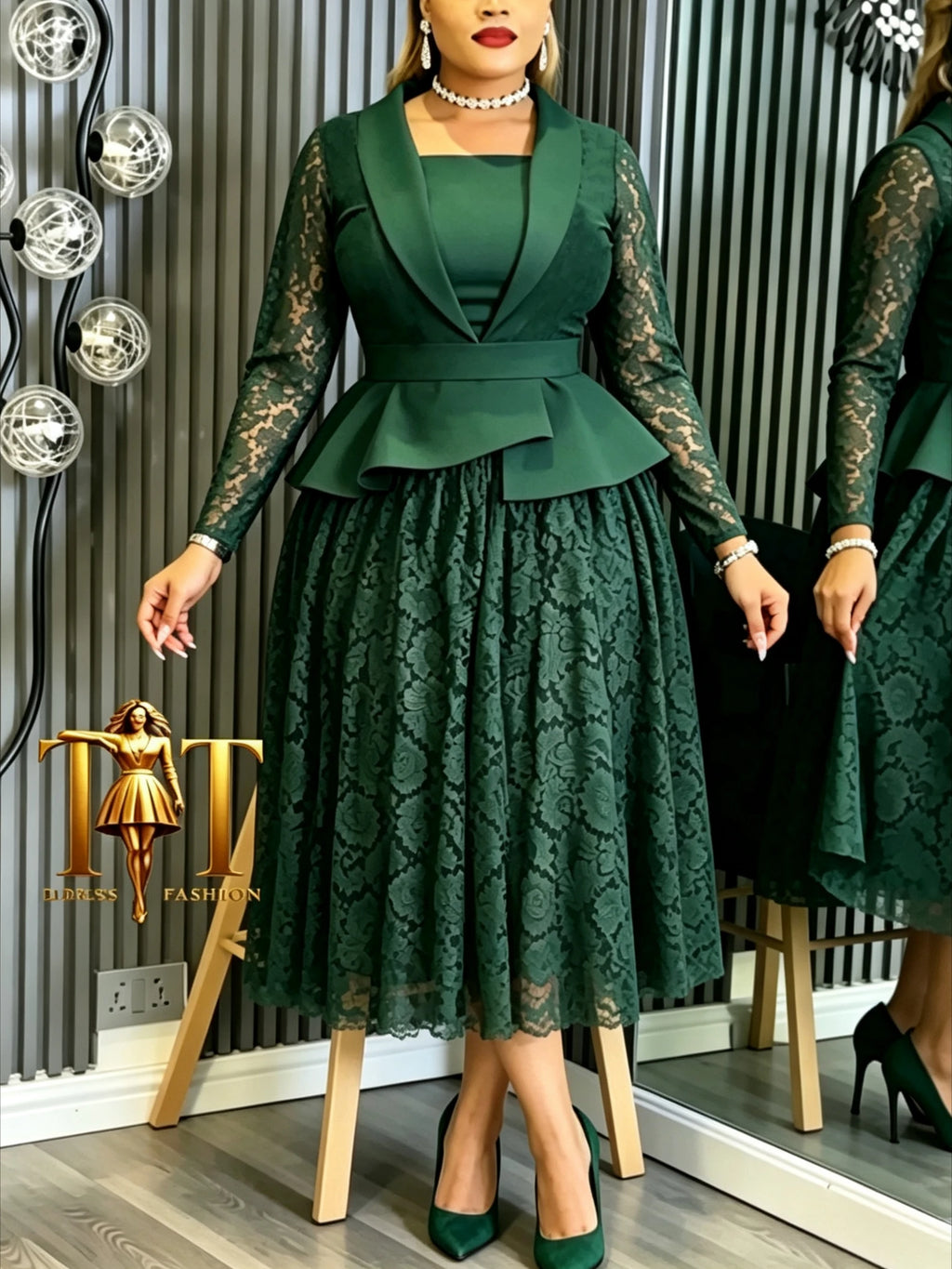 Fashion Women A Line Lace Dress Square Neck Long Sleeves Asymmetrical Peplum African Church Celebrations Event Party Outfit