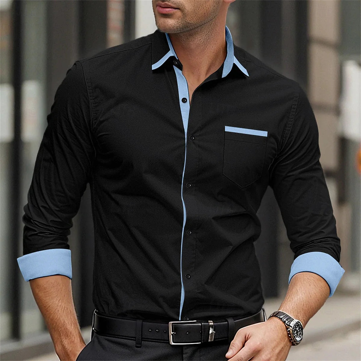 Men's formal long sleeve button-up shirt in solid color with lapel, suitable for weddings and daily wear, from Showlu Fashion Store.