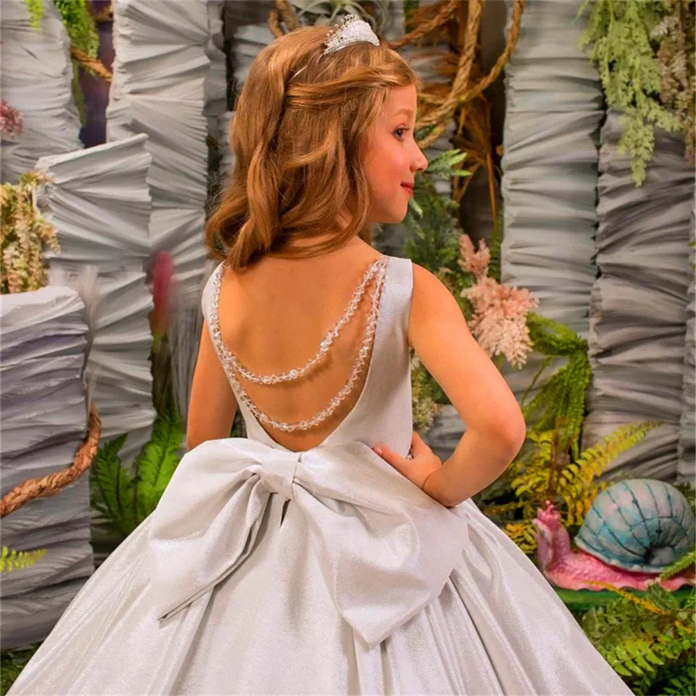 Elegant Red Flower Girl Dress Quality Satin Fluffy Pearl Princess Ball Beauty Little Girls Birthday Party Evening Ball Gowns