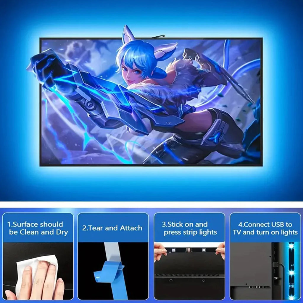 Showlu Smart RGB LED backlight strip with color sensor for TVs, 5V, providing vibrant ambient lighting for entertainment setups.
