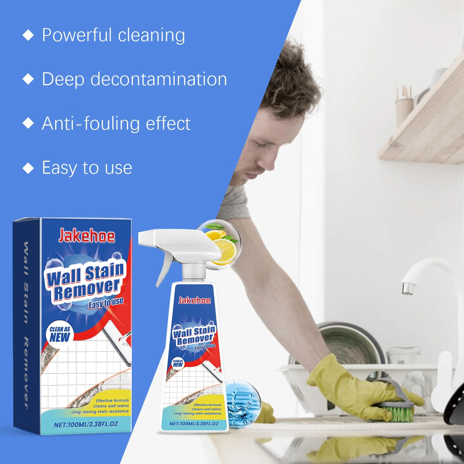 Showlu Smart General laundry stain remover foam bottle with foam application on fabric, highlighting stain removal effectiveness.