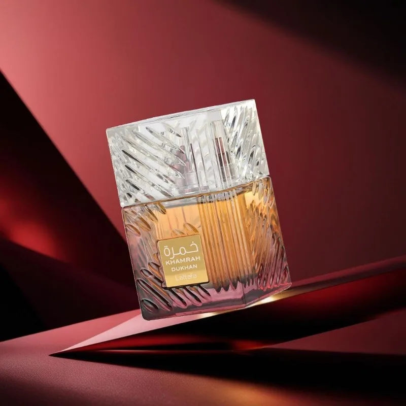 Unisex Lattafa Khamrah Dukhan Eau de Parfum in 100ml bottle showcasing elegant packaging and branding.