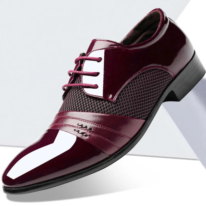 Black SUOJ men's pointed toe leather dress shoes with classic lace-up design, ideal for formal occasions