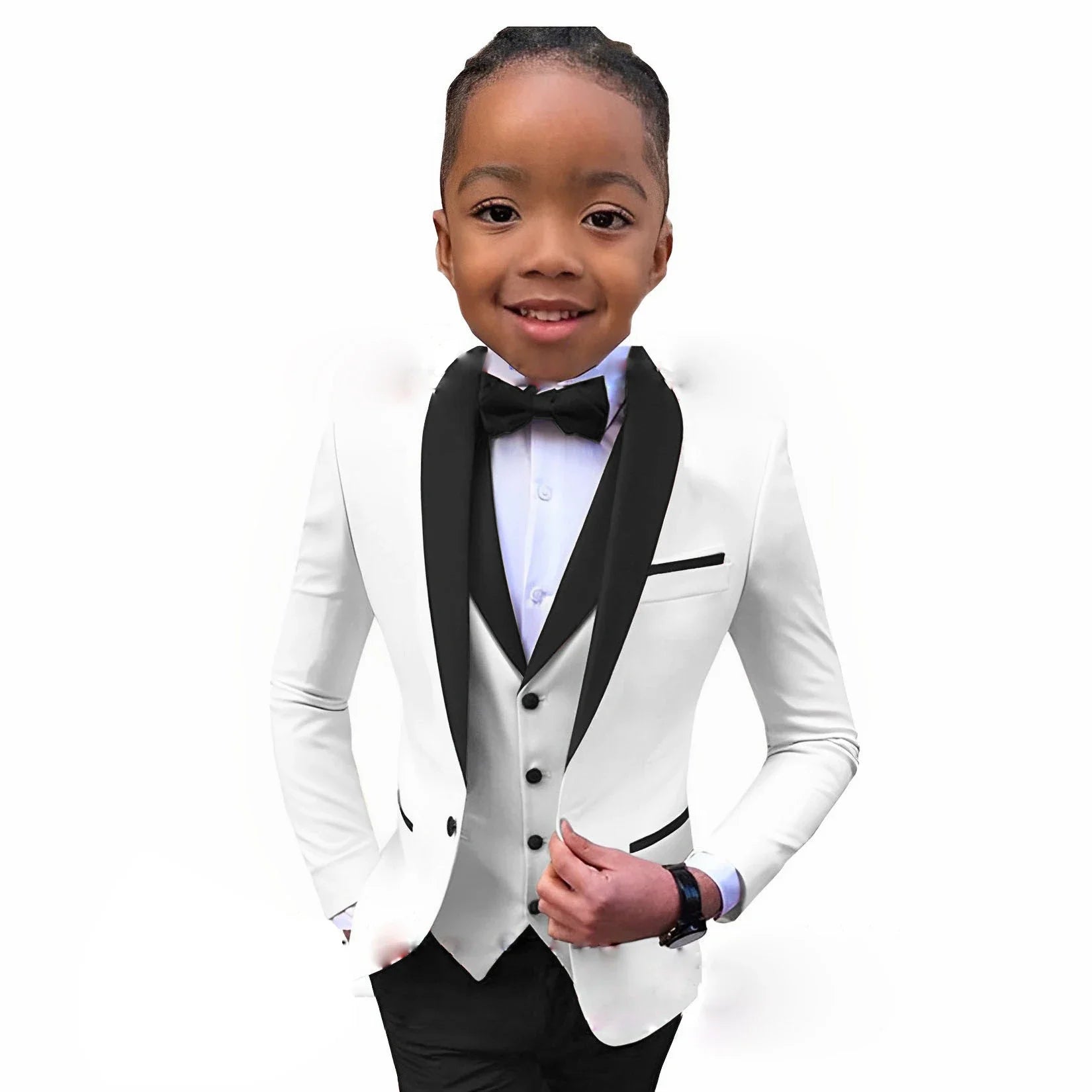 White boys' tuxedo suit with royal blue collar, three-piece formal wedding party attire for children aged 2-16 years.