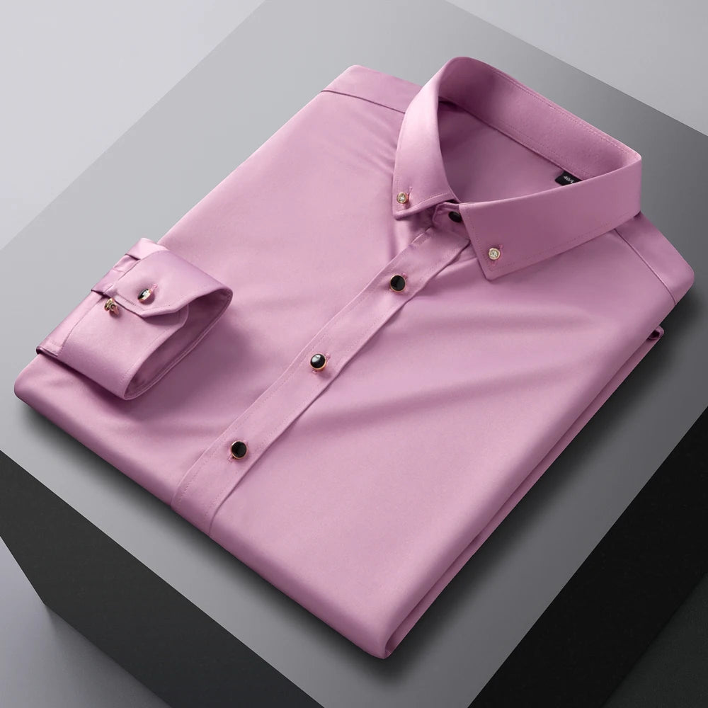 Elegant men's long sleeve dress shirt from Showlu Fashion with silk-feel stretch fabric and diamond buttons for formal occasions.