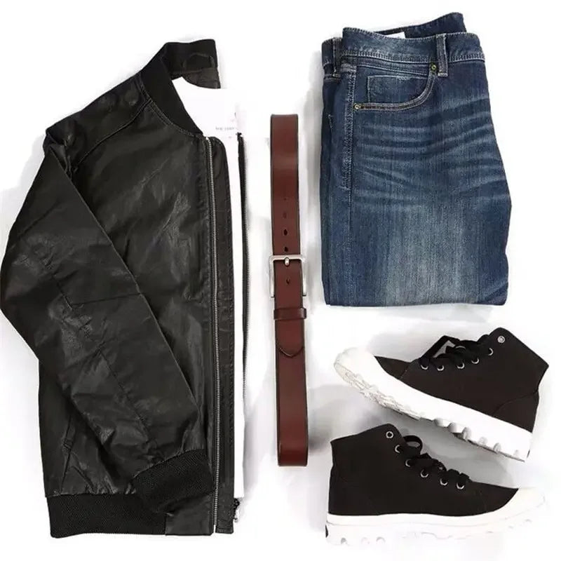 Men's alloy square pin buckle belt by Showlu Fashion, featuring luxury designer PU leather and stylish fit for casual jeans.